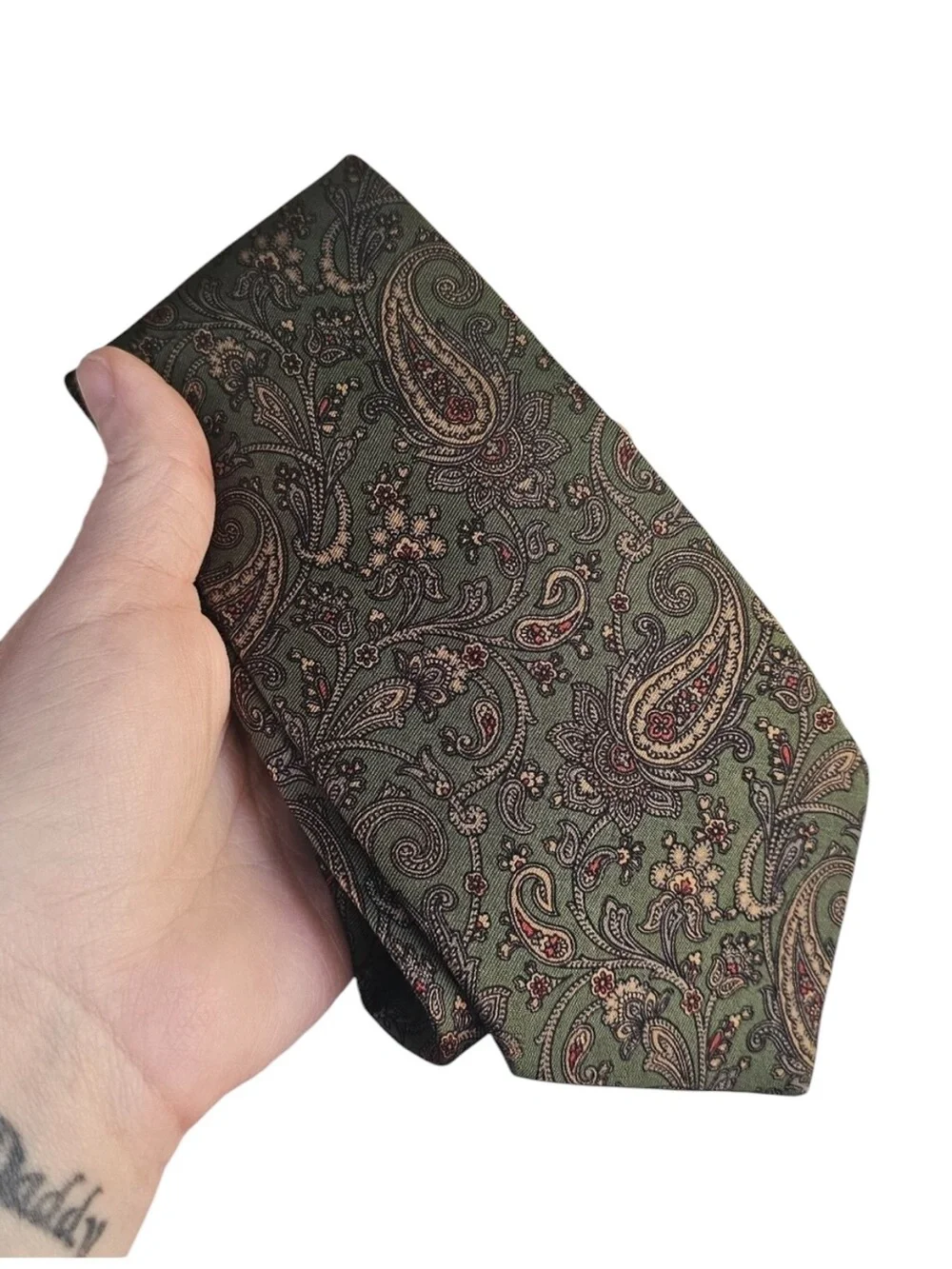 Vintage Burberrys of London Olive Green Paisley 100% Silk Tie Hand Made